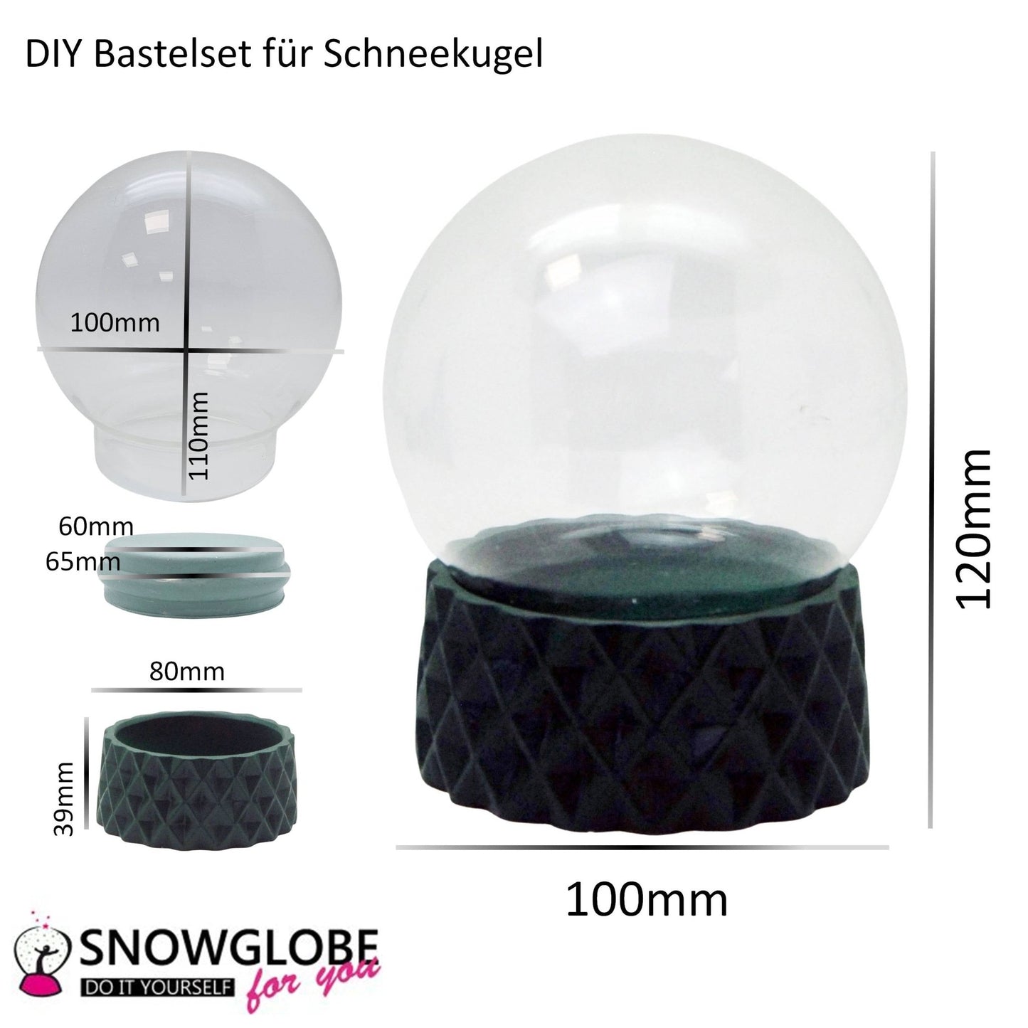 100mm Bastelset Polyresin Sockel dunkelgrün rund kubisch mit DIY - Schneekugel - 1 x Schnee - Schneekugelhaus