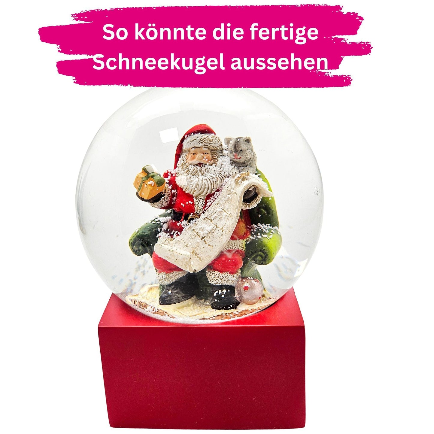 100mm Bastelset Polyresin Sockel rot eckig mit DIY - Schneekugel - 1 x Schnee - Schneekugelhaus