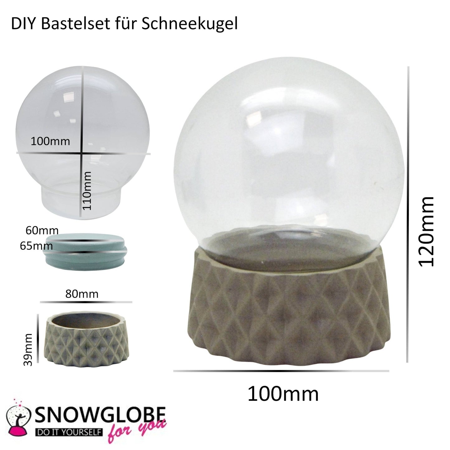 100mm Bastelset Polyresin Sockel sand rund kubisch mit DIY - Schneekugel - 1 x Schnee - Schneekugelhaus