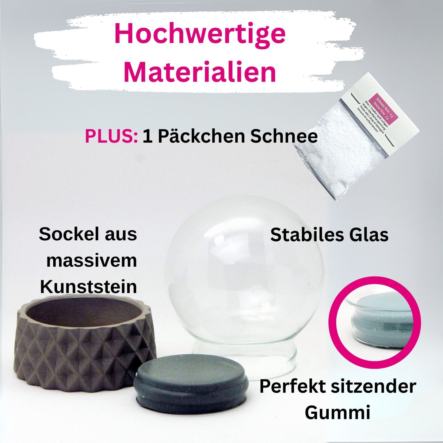 100mm Bastelset Polyresin Sockel sand rund kubisch mit DIY - Schneekugel - 1 x Schnee - Schneekugelhaus