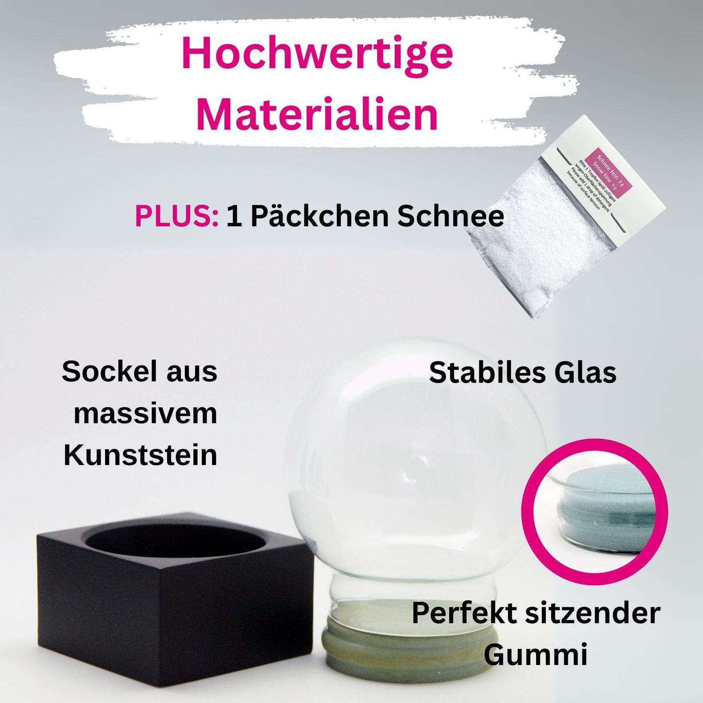 100mm Bastelset Polyresin Sockel schwarz eckig mit DIY - Schneekugel - 1 x Schnee - Schneekugelhaus