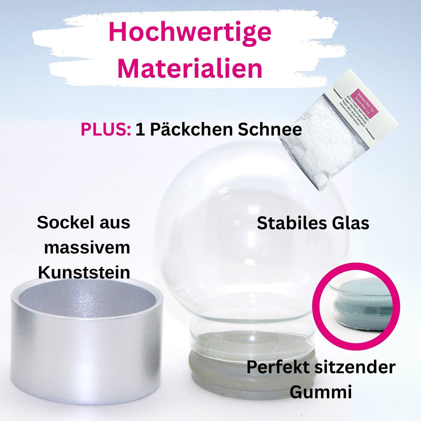 100mm Bastelset Polyresin Sockel silber rund mit DIY - Schneekugel - 1 x Schnee - Schneekugelhaus