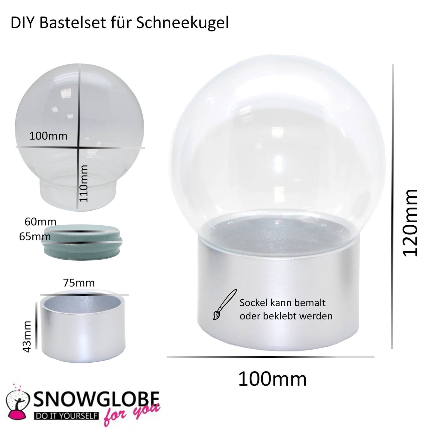 100mm Bastelset Polyresin Sockel silber rund mit DIY - Schneekugel - 1 x Schnee - Schneekugelhaus