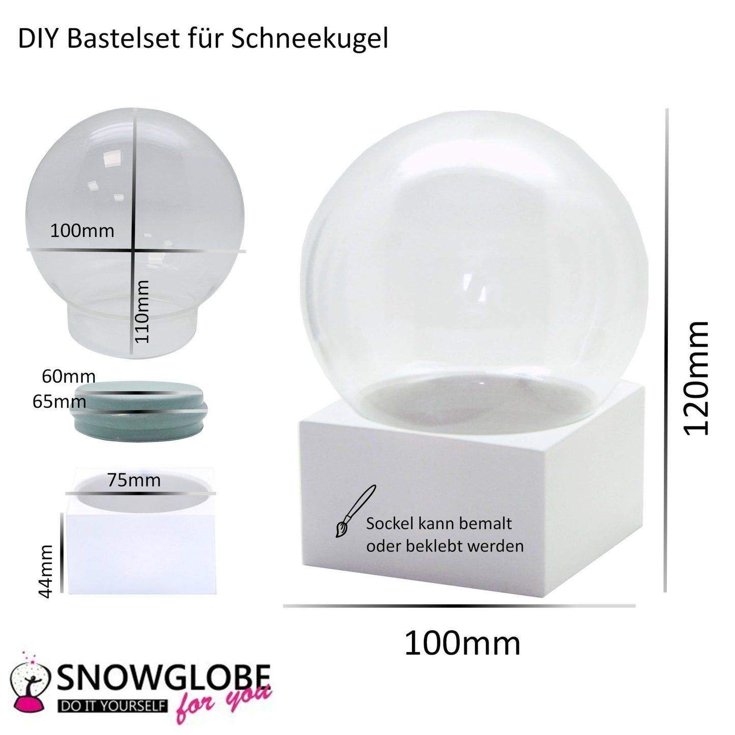 100mm Bastelset Polyresin Sockel weiß eckig mit DIY - Schneekugel - 1 x Schnee - Schneekugelhaus