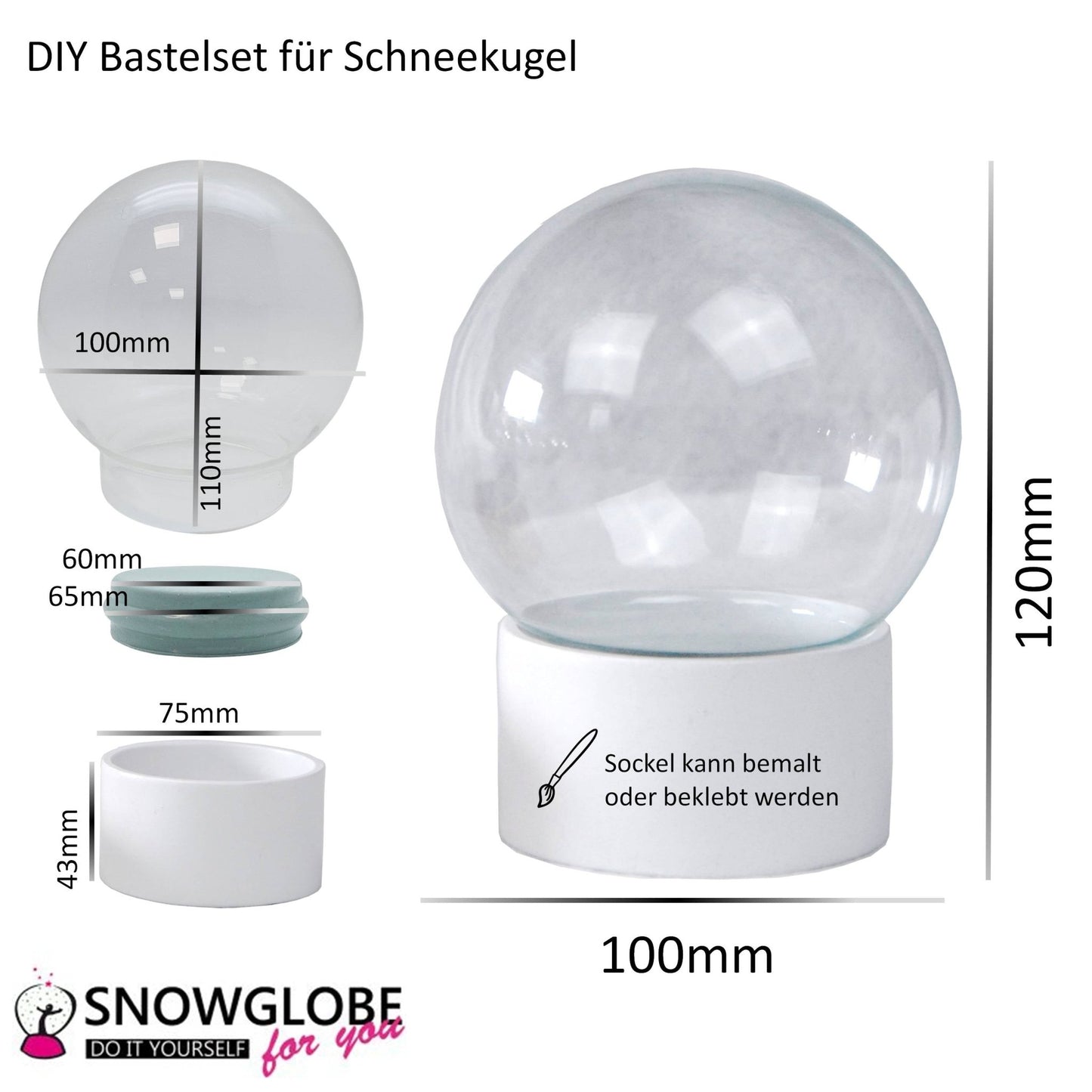 100mm Bastelset Polyresin Sockel weiß rund mit DIY - Schneekugel - 1 x Schnee - Schneekugelhaus
