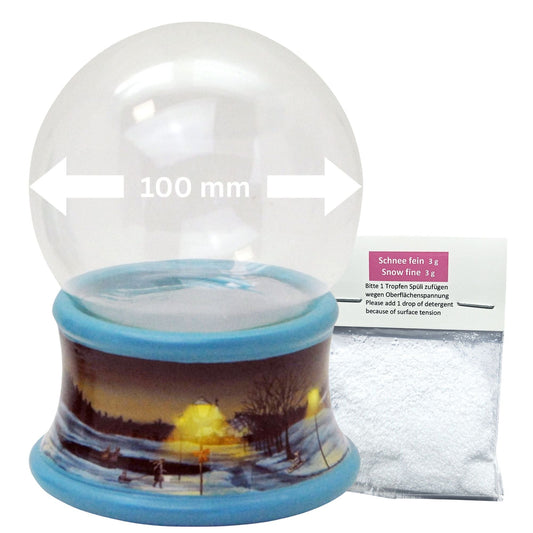100mm Bastelset Porzellan Sockel Winterlandschaft Eisläufer blauer Rand mit DIY - Schneekugel für Spieluhr - 1x Schnee - Schneekugelhaus