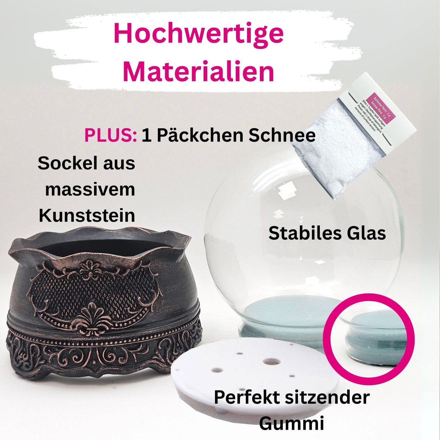 100mm Bastelset Sockel kupfer antik mit DIY - Schneekugel für Spieluhr - 1x Schnee - Schneekugelhaus