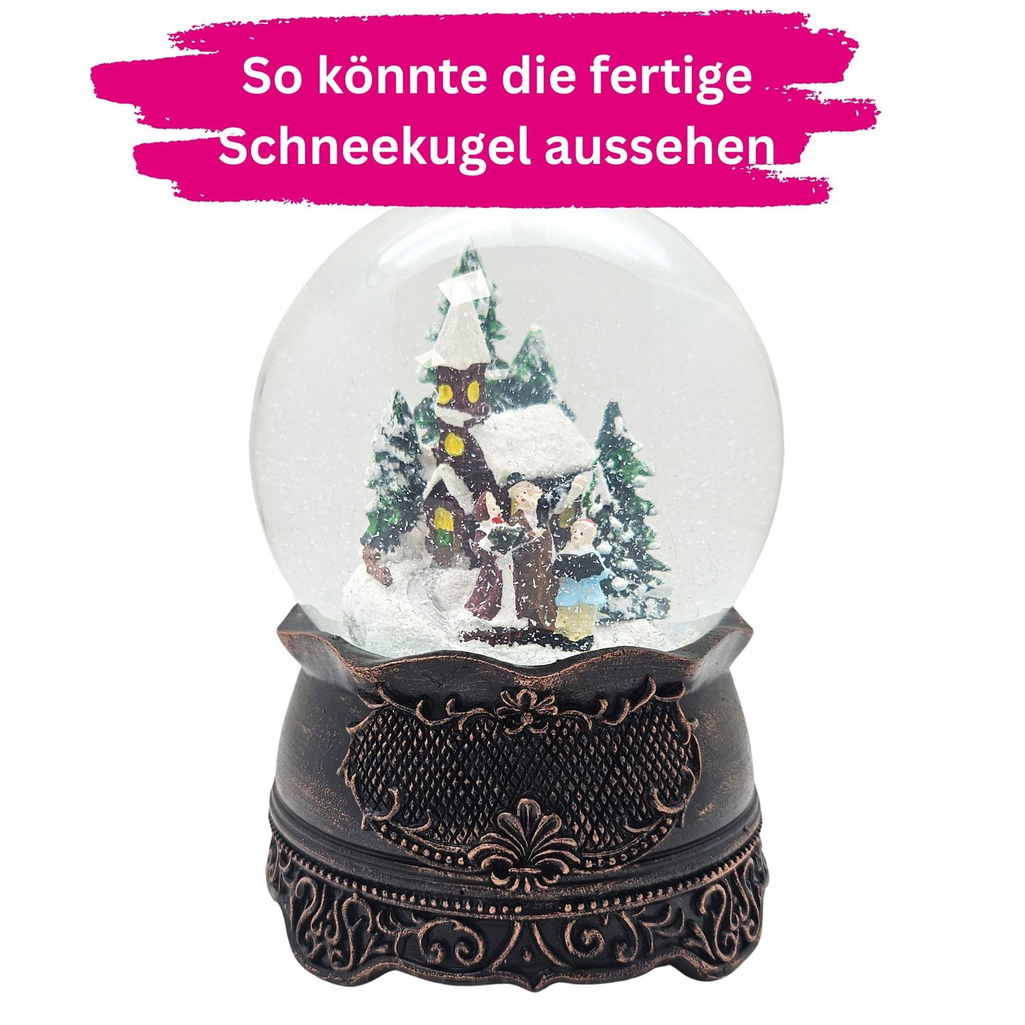 100mm Bastelset Sockel kupfer antik mit DIY - Schneekugel für Spieluhr - 1x Schnee - Schneekugelhaus