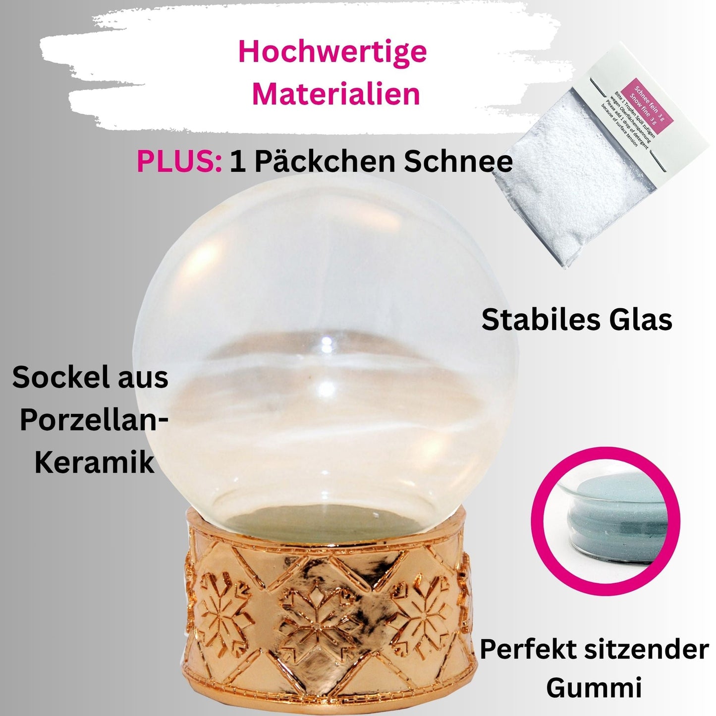 100mm - Do - it - Yourself Schneekugel mit Sockel Porzellan Kupfergold Relief Schneeflocke für Spieluhr - 1x Schnee - Schneekugelhaus