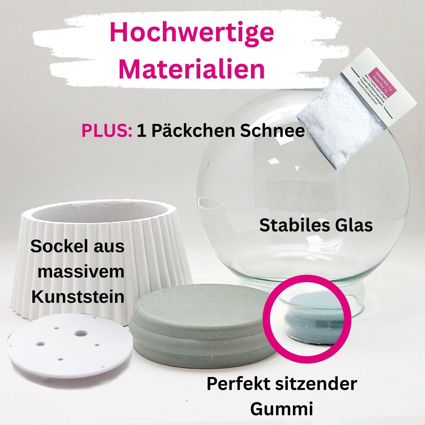 120mm DIY - Schneekugelset weiß geriffelt - Set aus Bastelglas und Sockel weiß - 1x Schnee - Schneekugelhaus