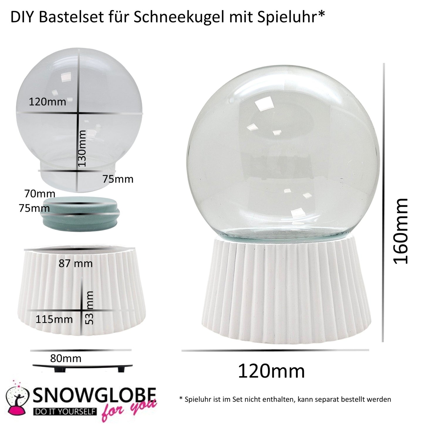 120mm DIY - Schneekugelset weiß geriffelt - Set aus Bastelglas und Sockel weiß - 1x Schnee - Schneekugelhaus