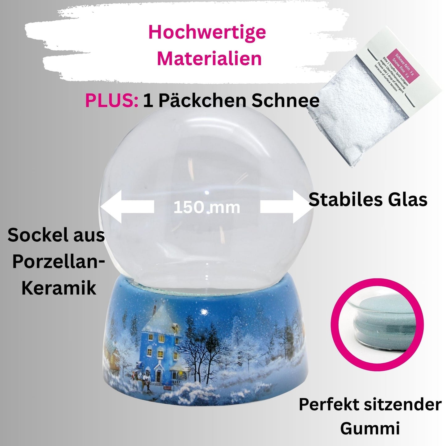 150mm DIY Schneekugelset Bastelset Glas und Porzellan Winterlandschaft hellblau - 1x Schnee - Schneekugelhaus