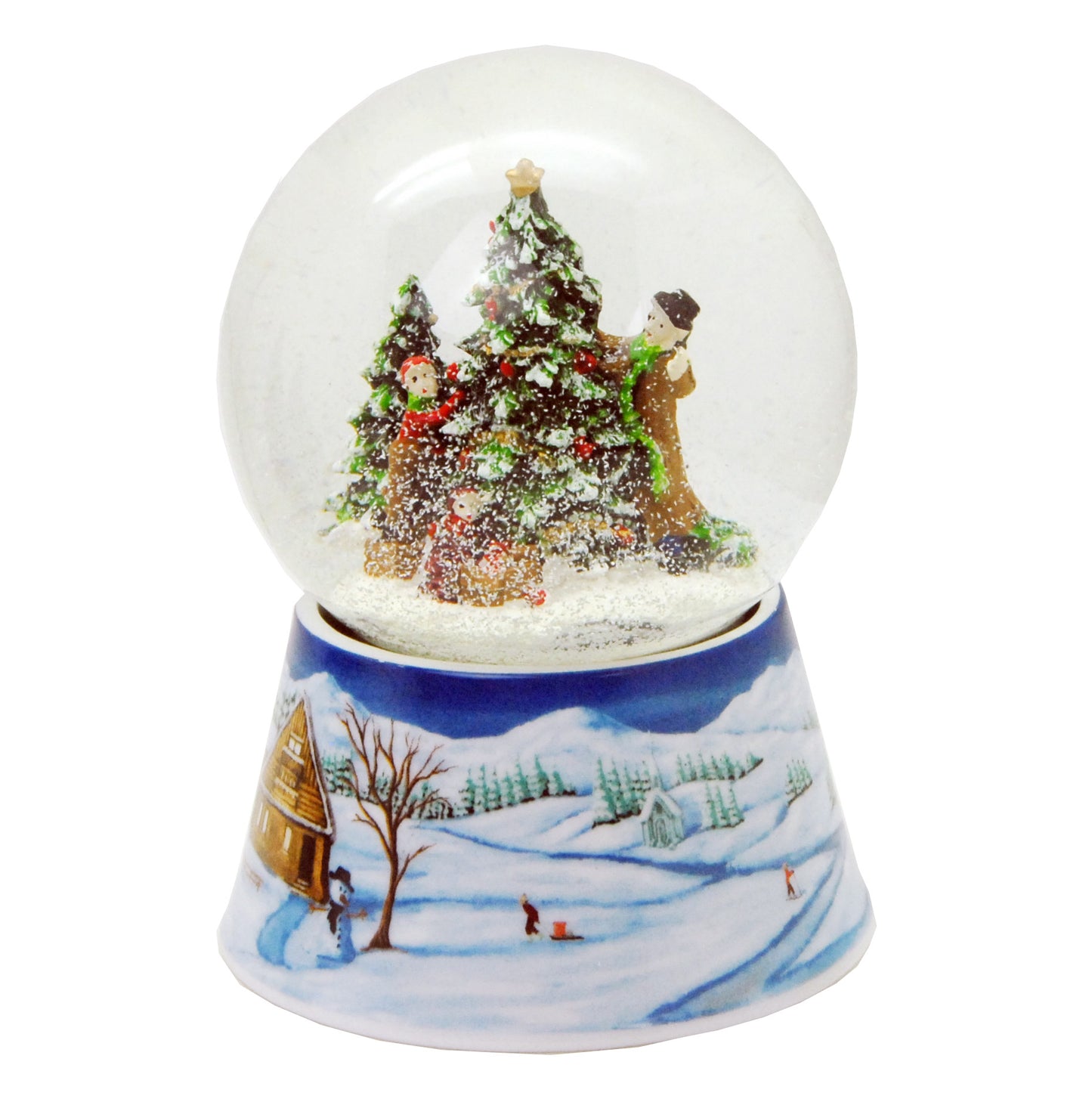 Schneekugel Weihnachtsbaum schmücken auf Sockel  Winterlandschaft mittelblau mit Spieluhr 10 cm Durchmesser