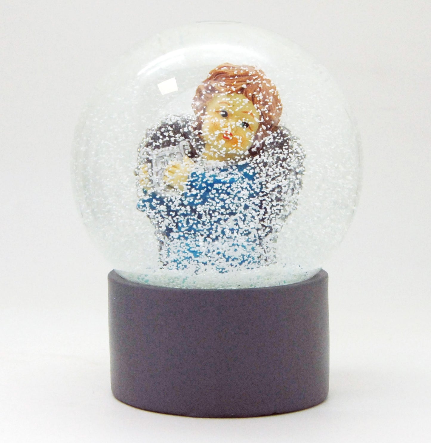 Schneekugel Engel blau mit Harfe auf Sockel grau rund "PURE-Line" 10 cm Durchmesser