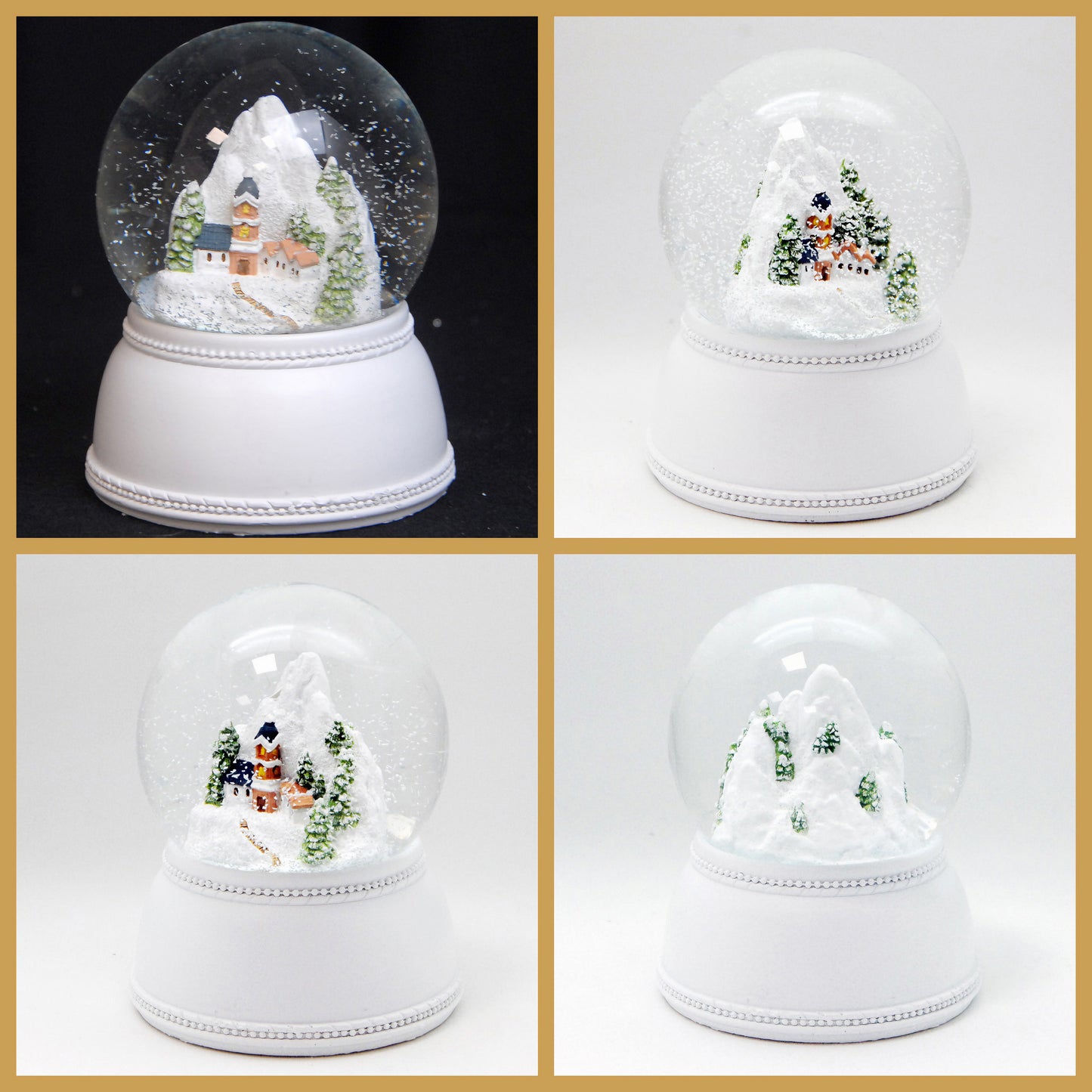 Dekopaket - Bergdorf weiß Nostalgie mit 4 Schneekugeln in mehreren Größen