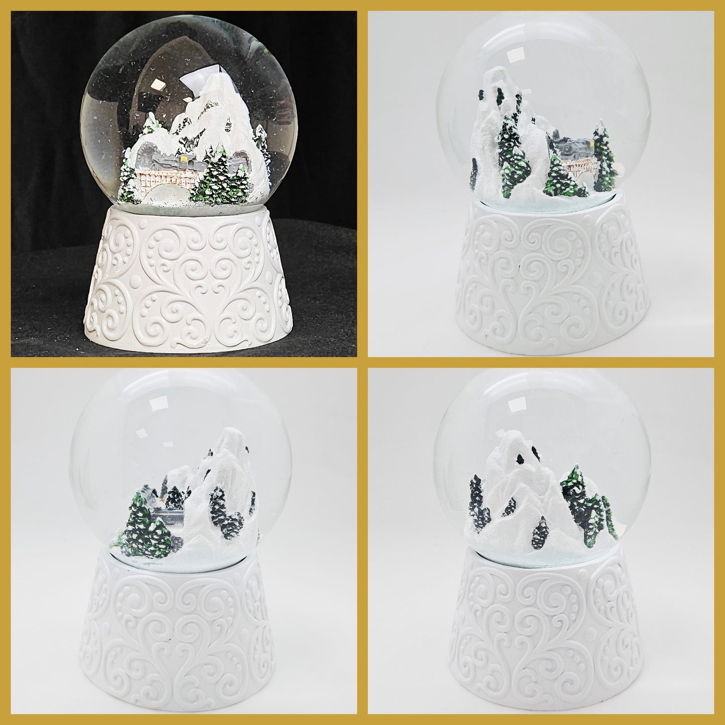 2 Schneekugeln weiß Berglandschaft mit Brücke - 45mm -> 100mm für Wichtelzauber Vergrößerungszauber