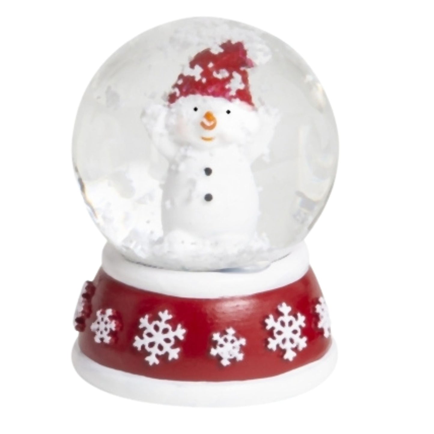 4 süße Mini - Schneekugeln Schneemann mit Sockel rot weiß Schneeflocke B: 45mm - Schneekugelhaus