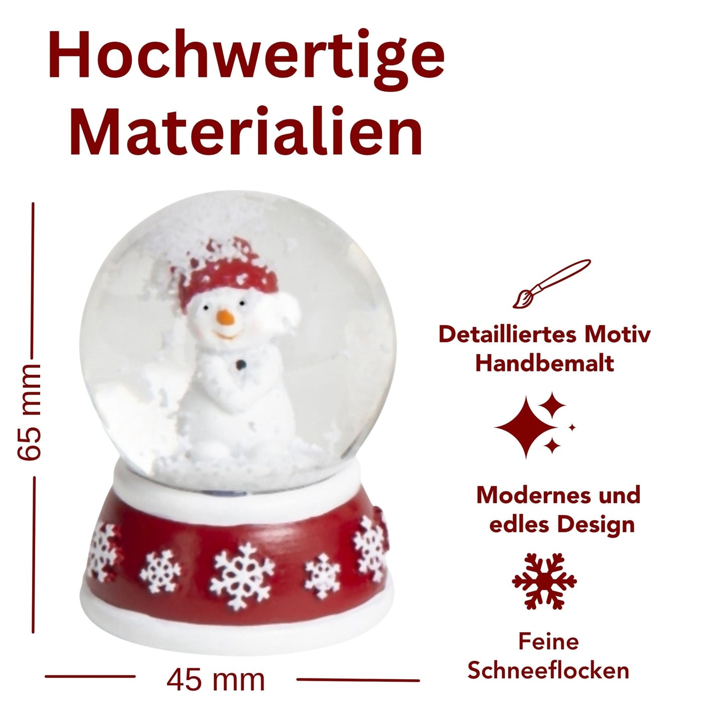 4 süße Mini - Schneekugeln Schneemann mit Sockel rot weiß Schneeflocke B: 45mm - Schneekugelhaus