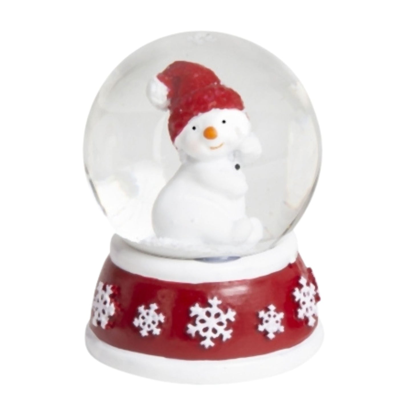4 süße Mini - Schneekugeln Schneemann mit Sockel rot weiß Schneeflocke B: 45mm - Schneekugelhaus
