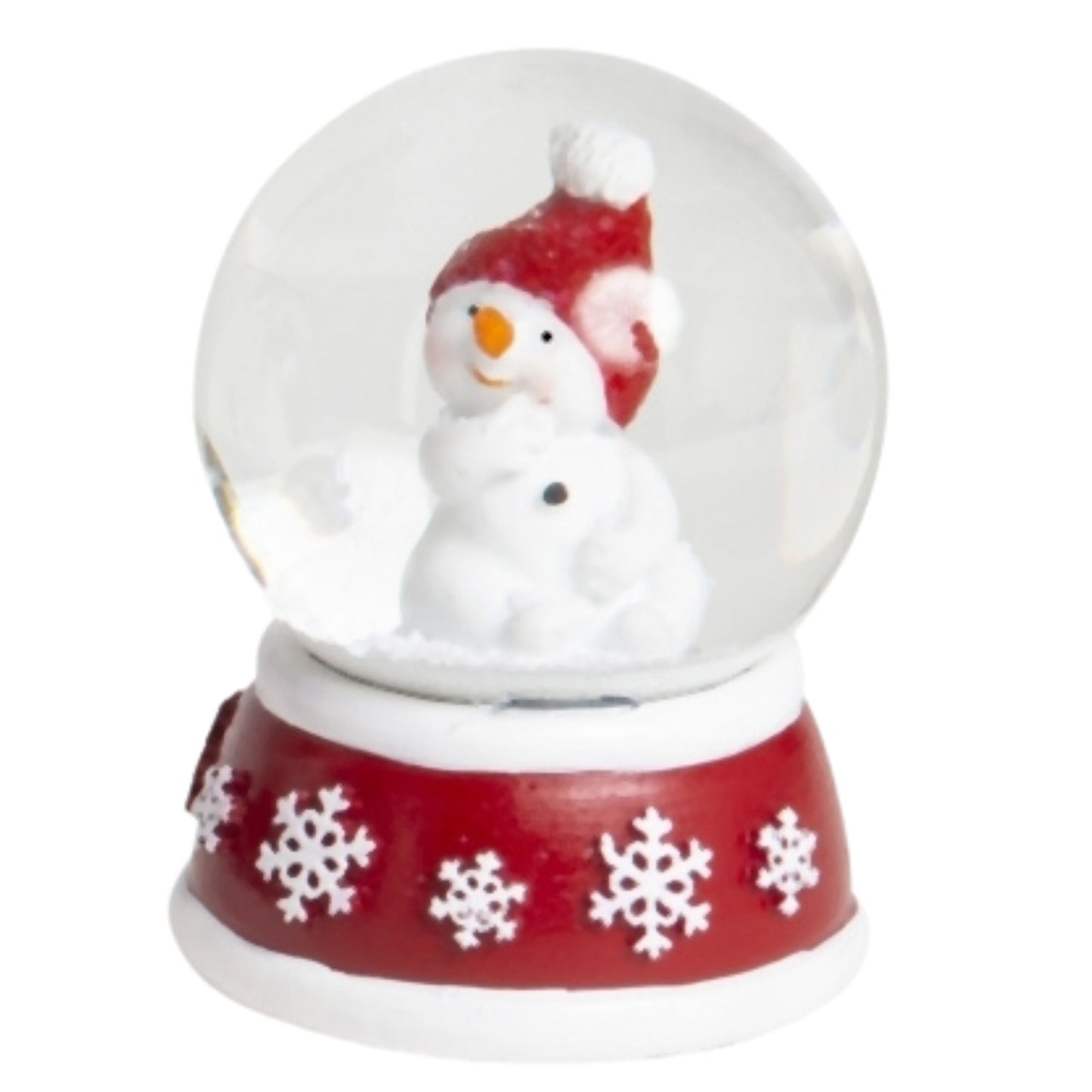 4 süße Mini - Schneekugeln Schneemann mit Sockel rot weiß Schneeflocke B: 45mm - Schneekugelhaus