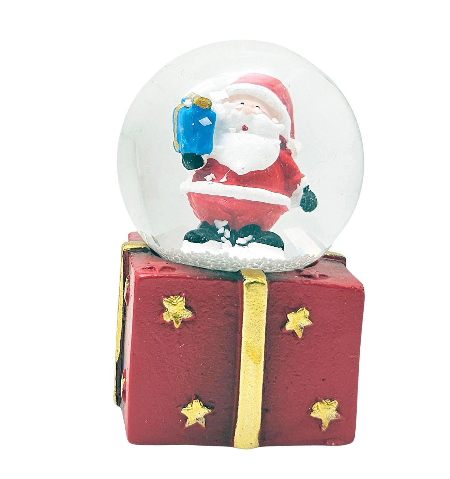 4 Süße Mini - Schneekugeln Weihnachtsmann auf Geschenke - Sockel 45mm Durchmesser - Schneekugelhaus