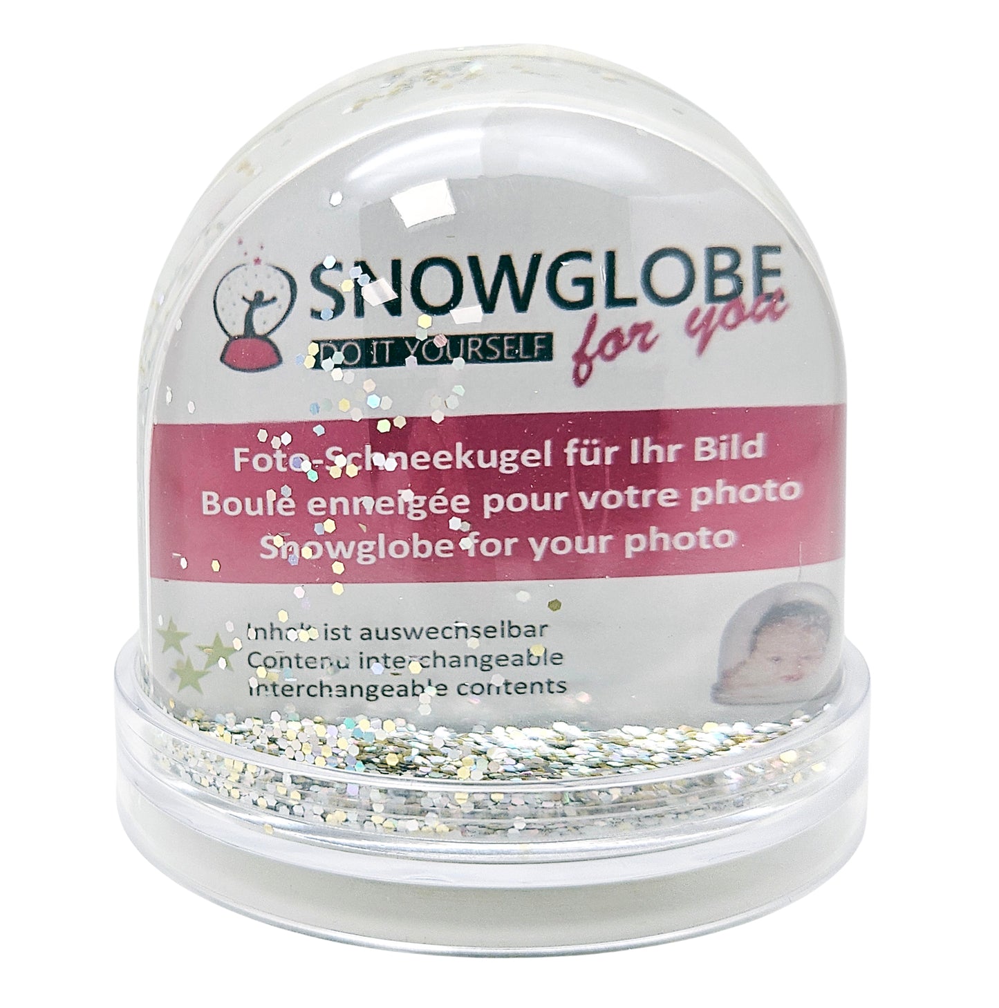Foto-Schneekugel groß mit transparentem Sockel - silber gold Glitzer