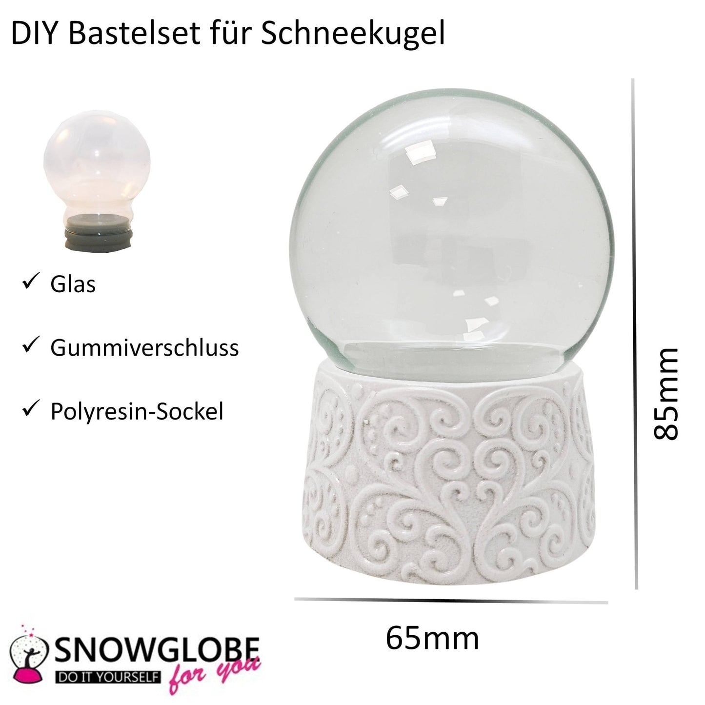 65mm - Do - it - Yourself Schneekugel mit Glas und Ornament - Sockel Bastelset - 1x Schnee - Schneekugelhaus