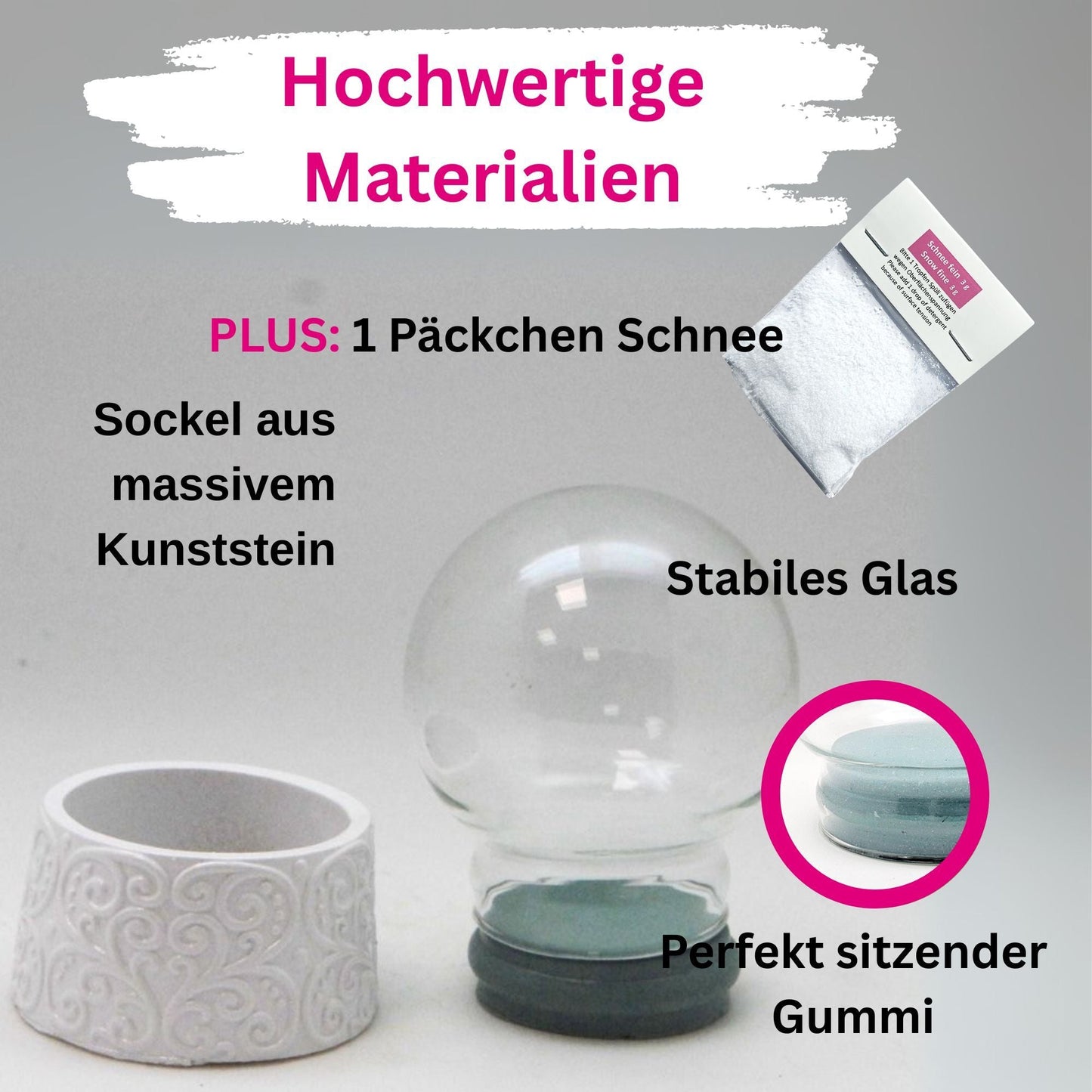 65mm - Do - it - Yourself Schneekugel mit Glas und Ornament - Sockel Bastelset - 1x Schnee - Schneekugelhaus