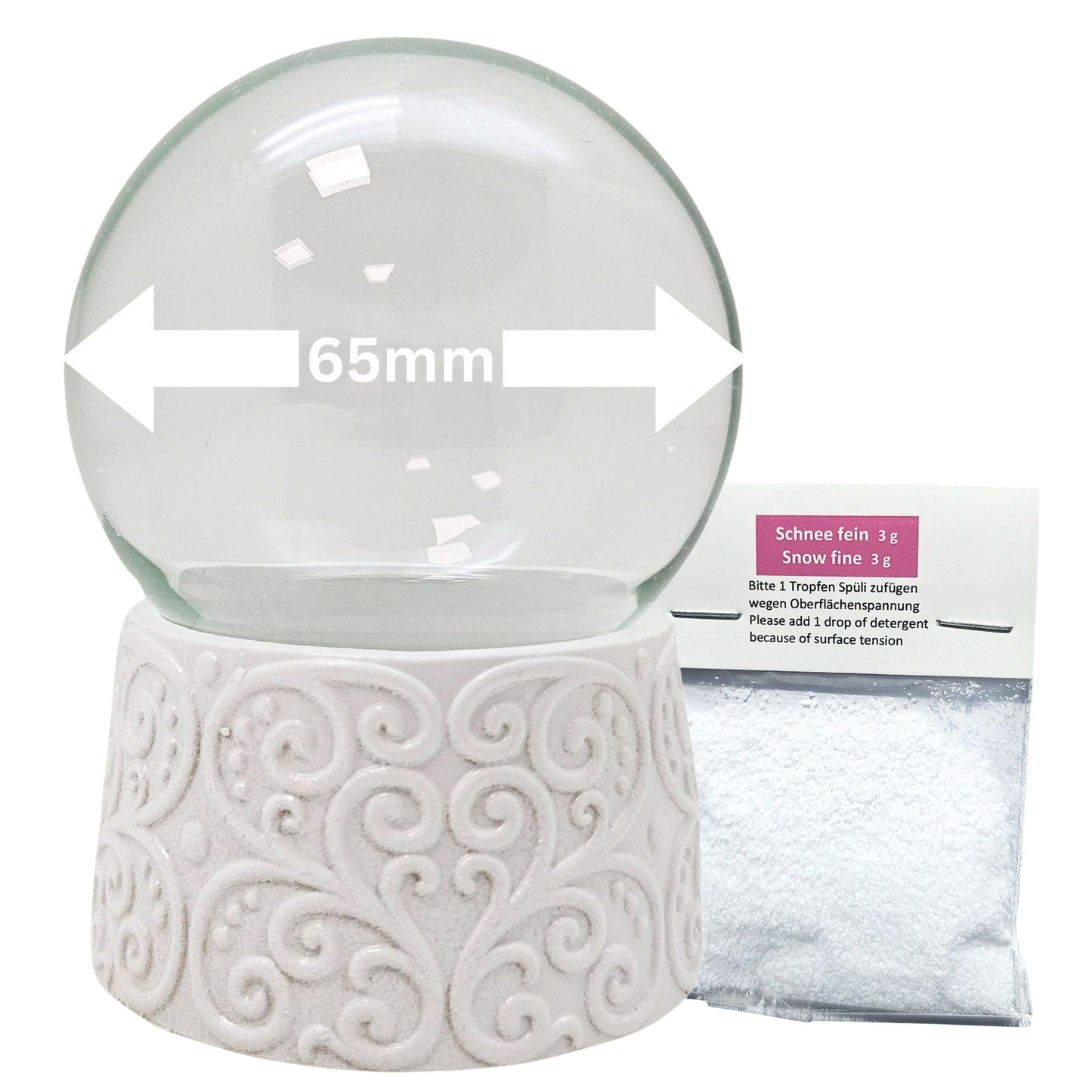 65mm - Do - it - Yourself Schneekugel mit Glas und Ornament - Sockel Bastelset - 1x Schnee - Schneekugelhaus