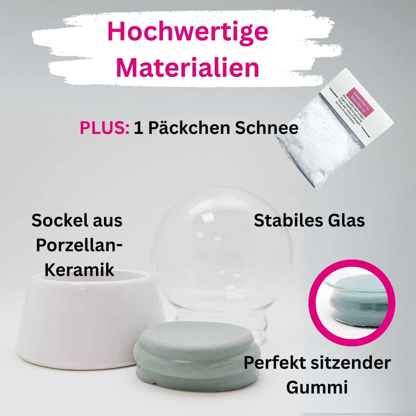 80mm - Do - it - Yourself Schneekugel mit Glas und Porzellan - Sockel - 1x Schnee - Schneekugelhaus