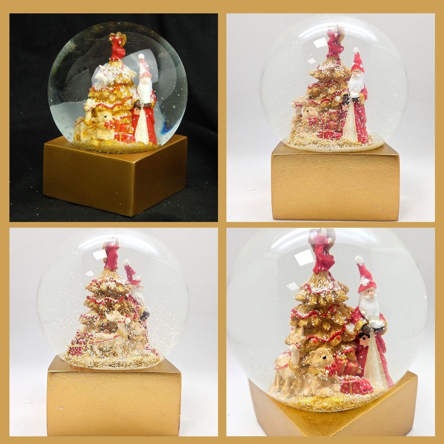 Designer Schneekugel Weihnachtsmann Christbaum rot gold Sockel gold eck PURE - Line 12 cm Durchmesser - Schneekugelhaus