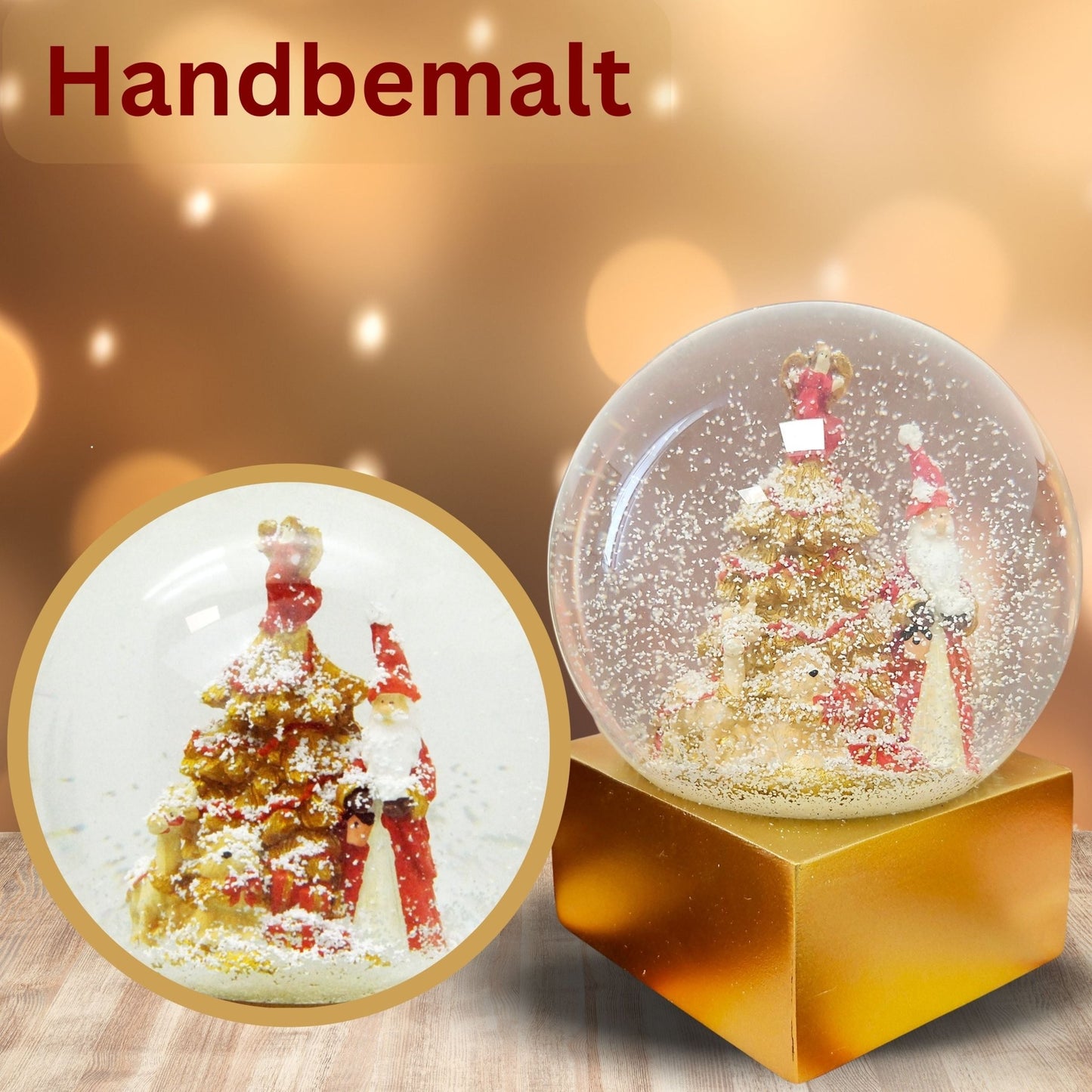 Designer Schneekugel Weihnachtsmann Christbaum rot gold Sockel gold eck PURE - Line 12 cm Durchmesser - Schneekugelhaus