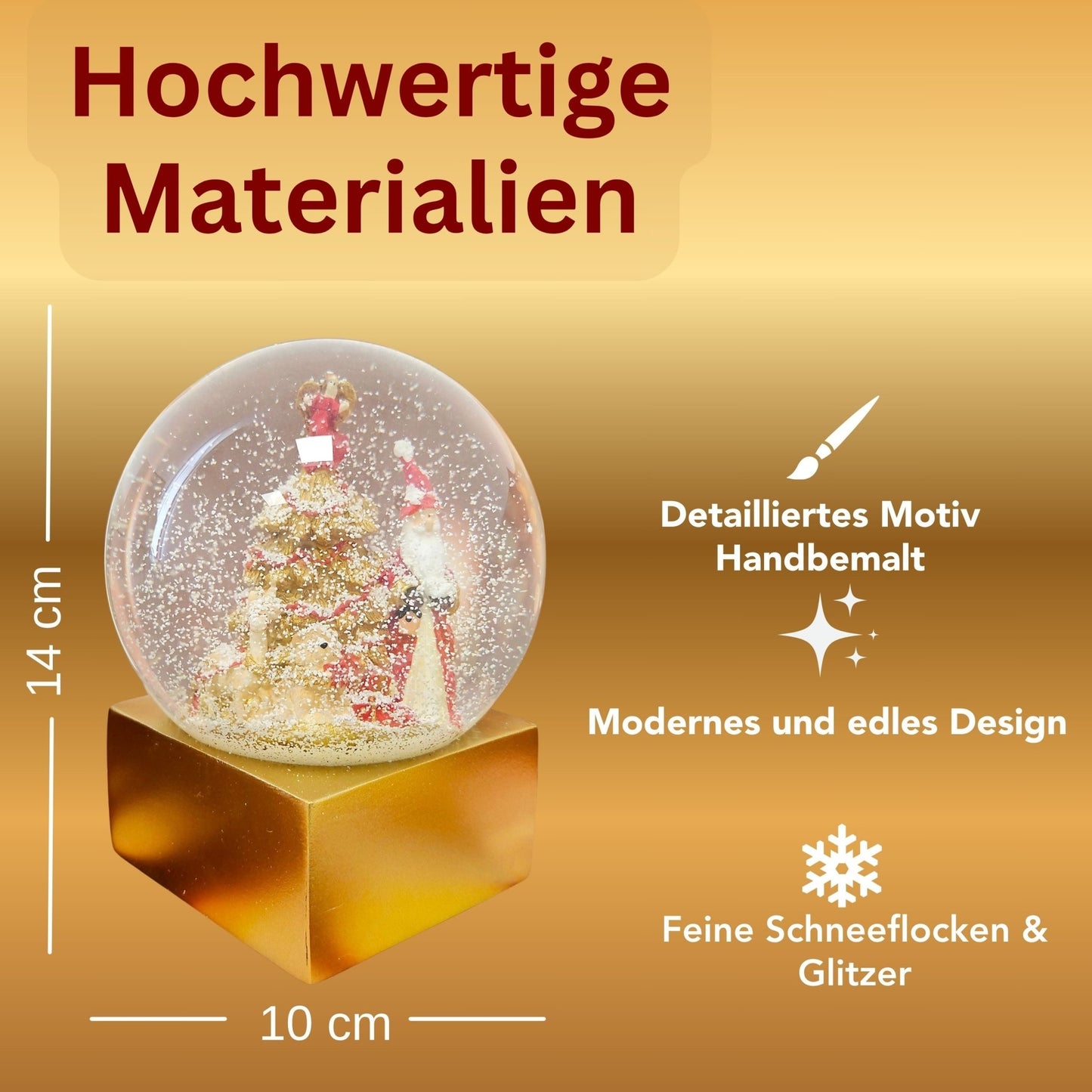 Designer Schneekugel Weihnachtsmann Christbaum rot gold Sockel gold eck PURE - Line 12 cm Durchmesser - Schneekugelhaus
