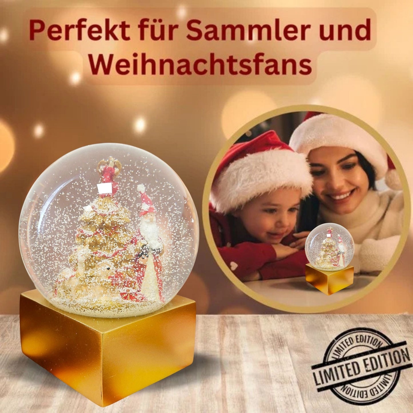 Designer Schneekugel Weihnachtsmann Christbaum rot gold Sockel gold eck PURE - Line 12 cm Durchmesser - Schneekugelhaus