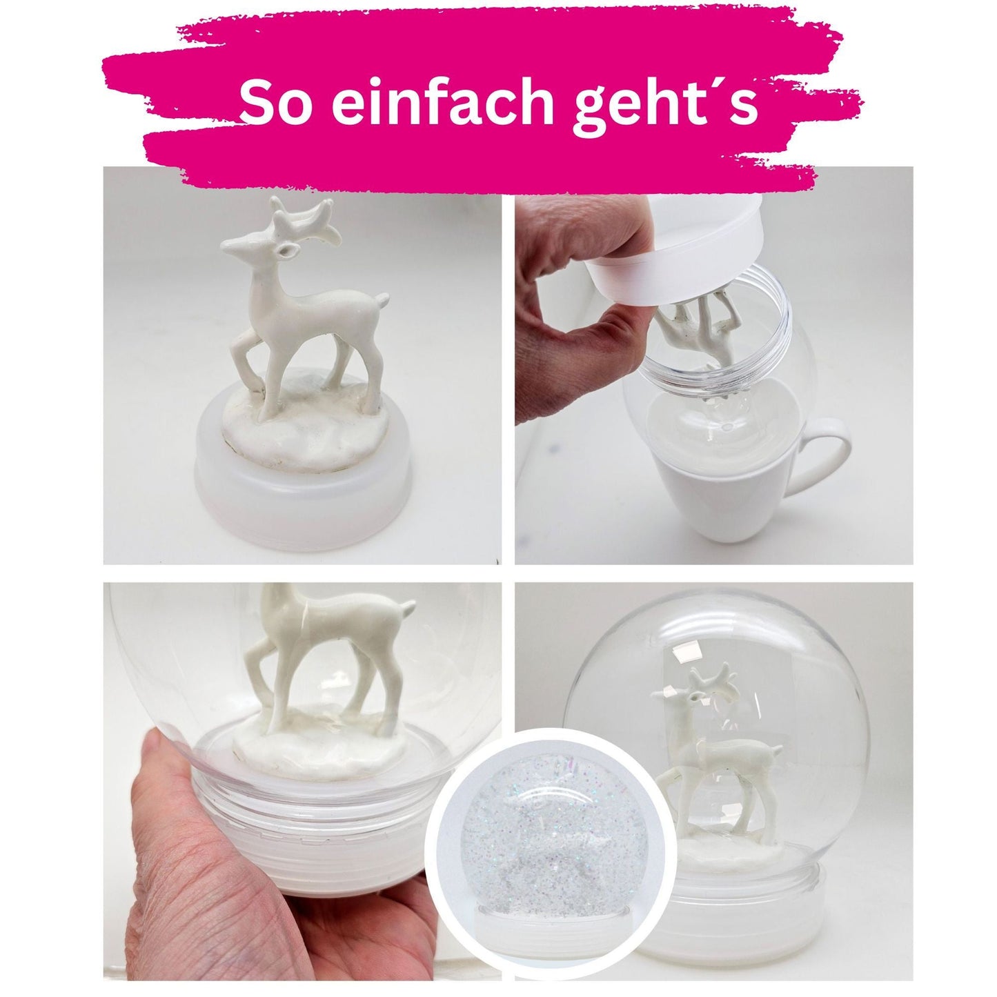 DIY - Komplett - Bastelset für Kunststoff - Schneekugel für 90 x 110 Kugelform mit Schnee, Glitzer, Wasserklar & Kleber - Schneekugelhaus