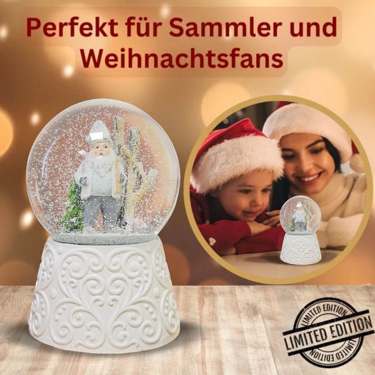 Edle Schneekugel Santa weiß auf weißem Porzellansockel 100 mm Durchmesser mit Spieluhr - Schneekugelhaus