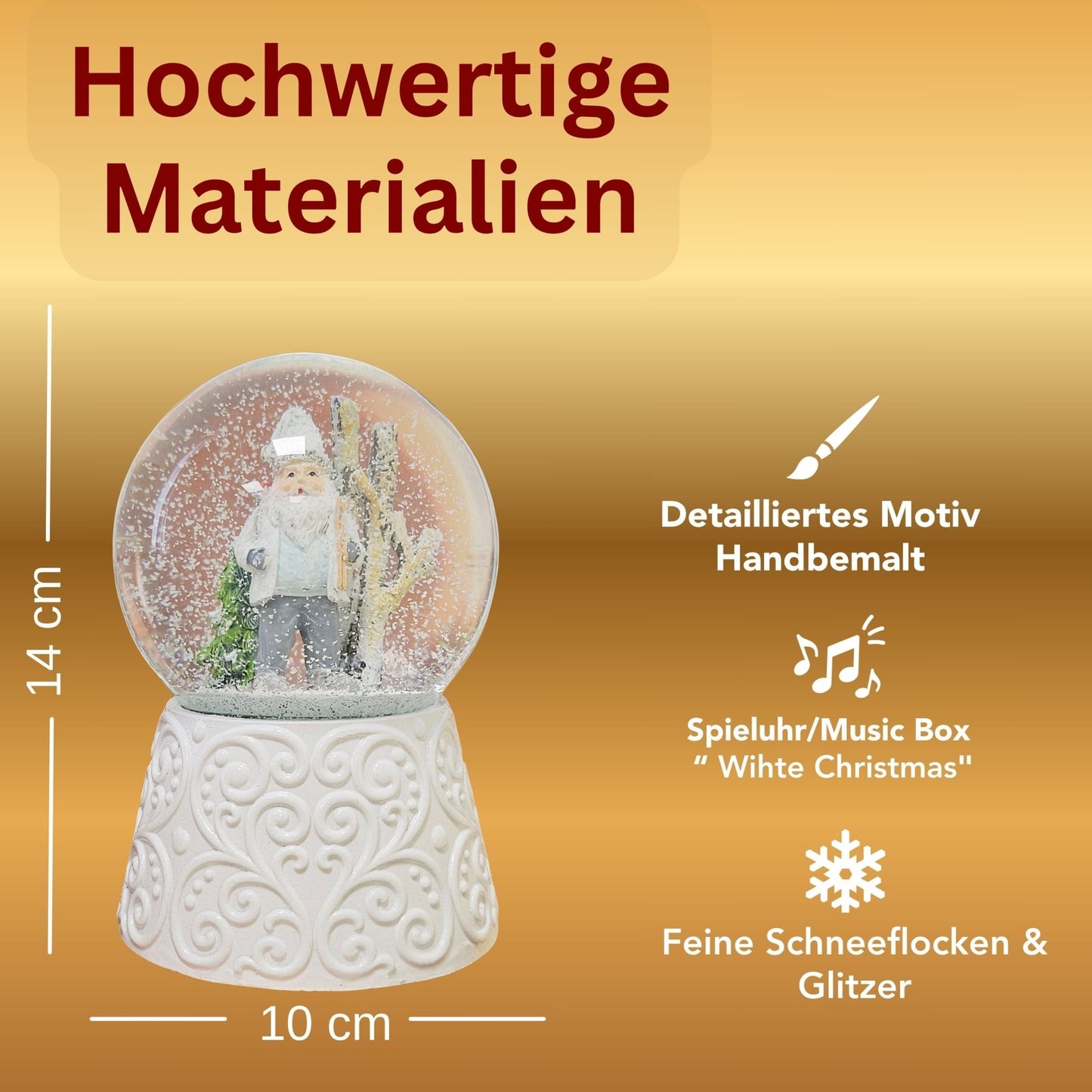 Edle Schneekugel Santa weiß auf weißem Porzellansockel 100 mm Durchmesser mit Spieluhr - Schneekugelhaus