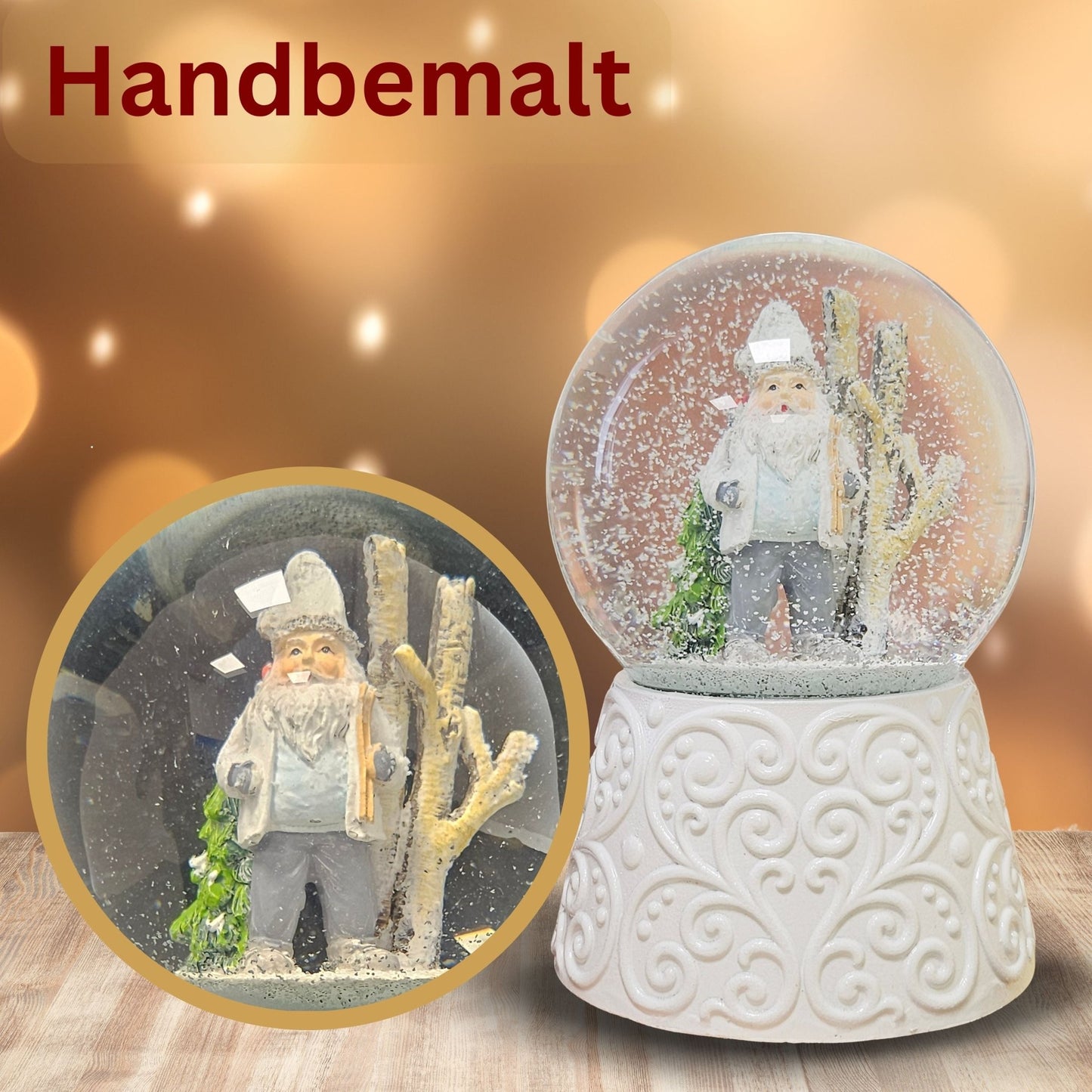 Edle Schneekugel Santa weiß auf weißem Porzellansockel 100 mm Durchmesser mit Spieluhr - Schneekugelhaus