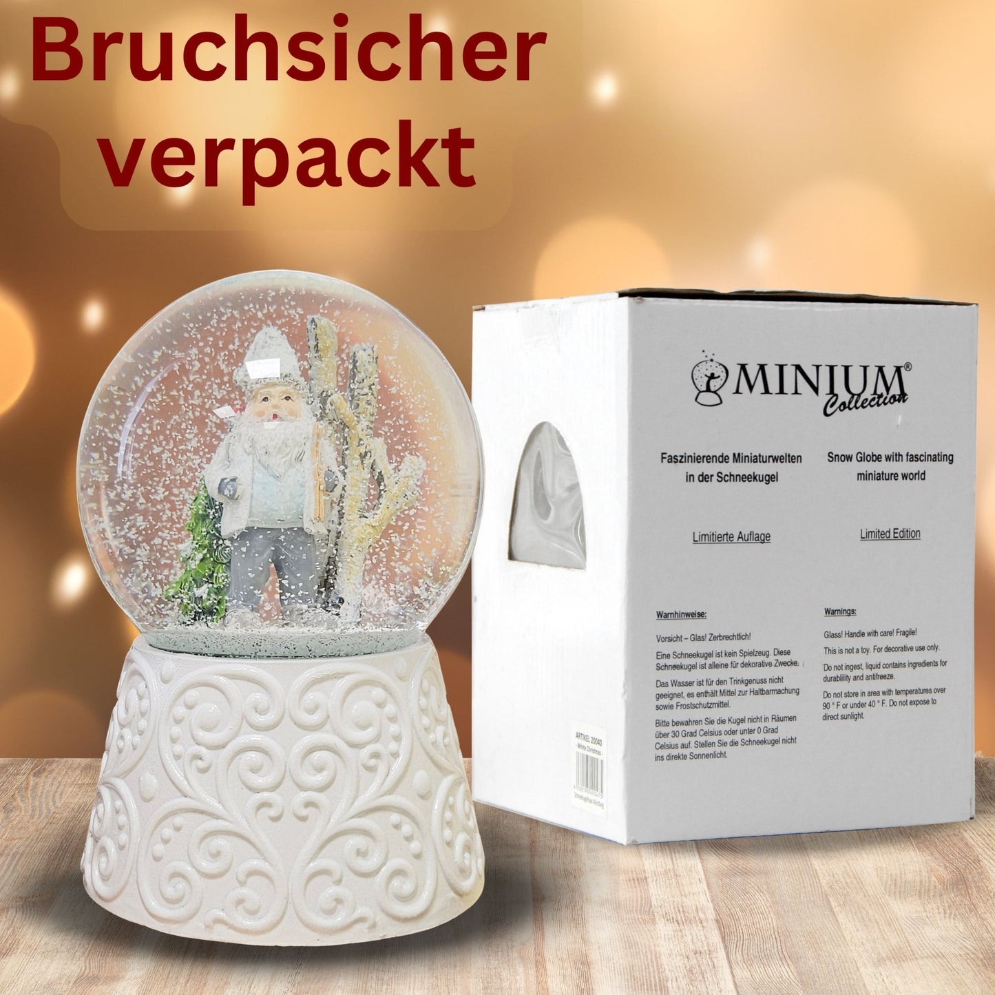 Edle Schneekugel Santa weiß auf weißem Porzellansockel 100 mm Durchmesser mit Spieluhr - Schneekugelhaus