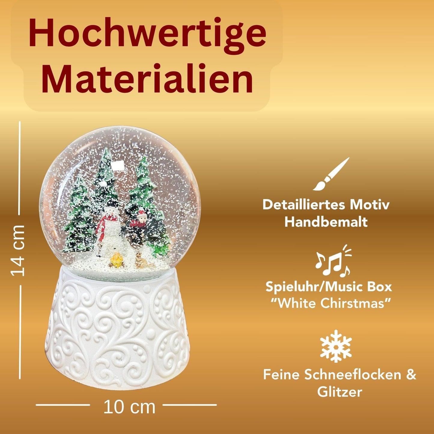 Edle Schneekugel Schneemann vor Lagerfeuer auf weißem Ornamentsockel 100 mm Durchmesser mit Spieluhr - Schneekugelhaus