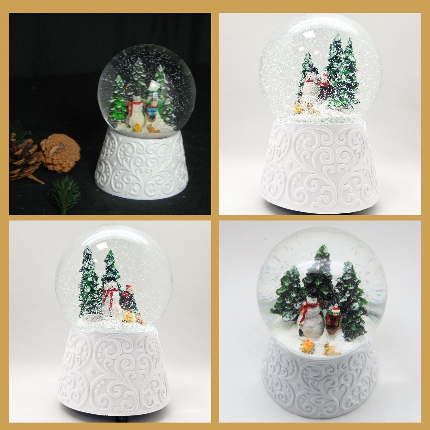 Edle Schneekugel Schneemann vor Lagerfeuer auf weißem Ornamentsockel 100 mm Durchmesser mit Spieluhr - Schneekugelhaus