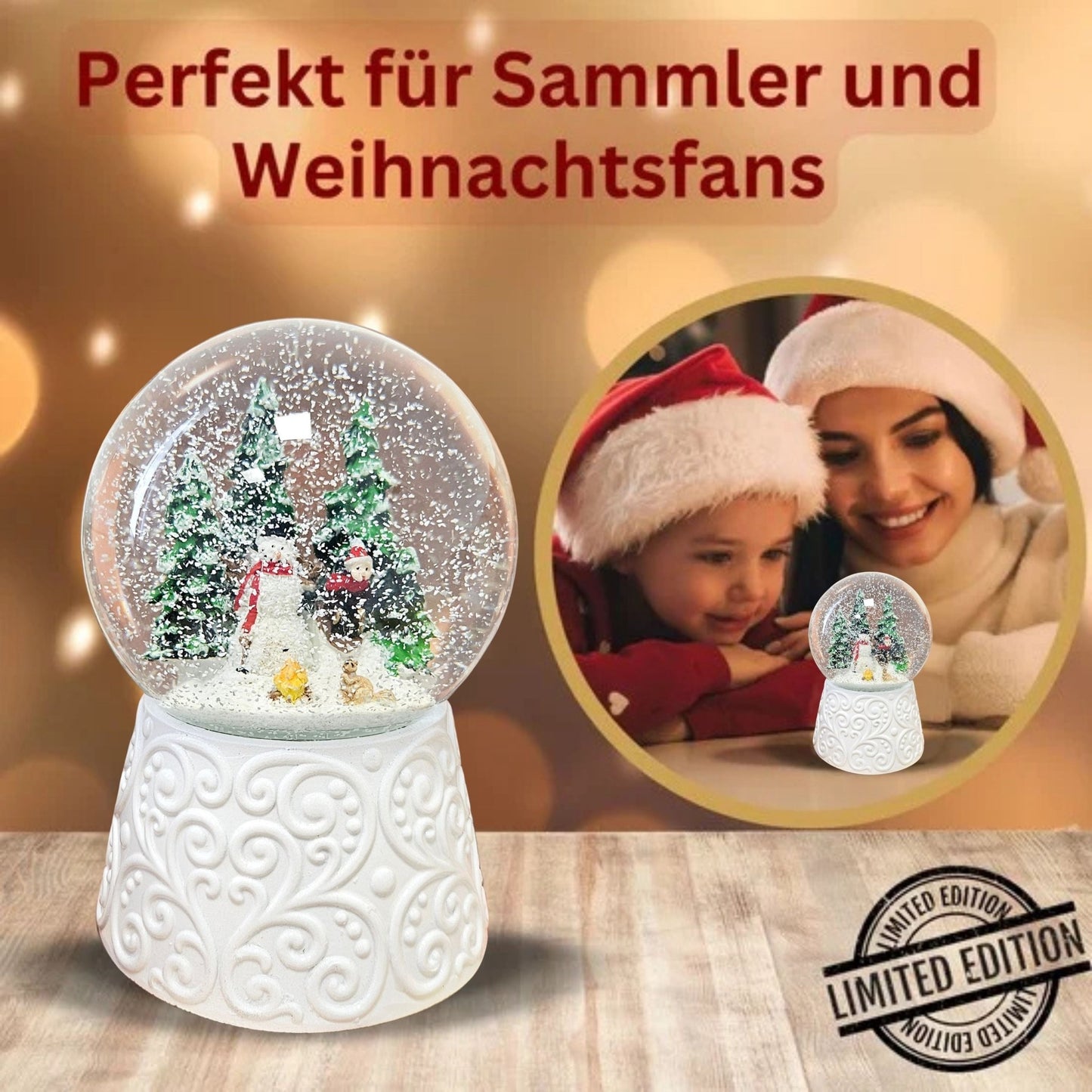 Edle Schneekugel Schneemann vor Lagerfeuer auf weißem Ornamentsockel 100 mm Durchmesser mit Spieluhr - Schneekugelhaus