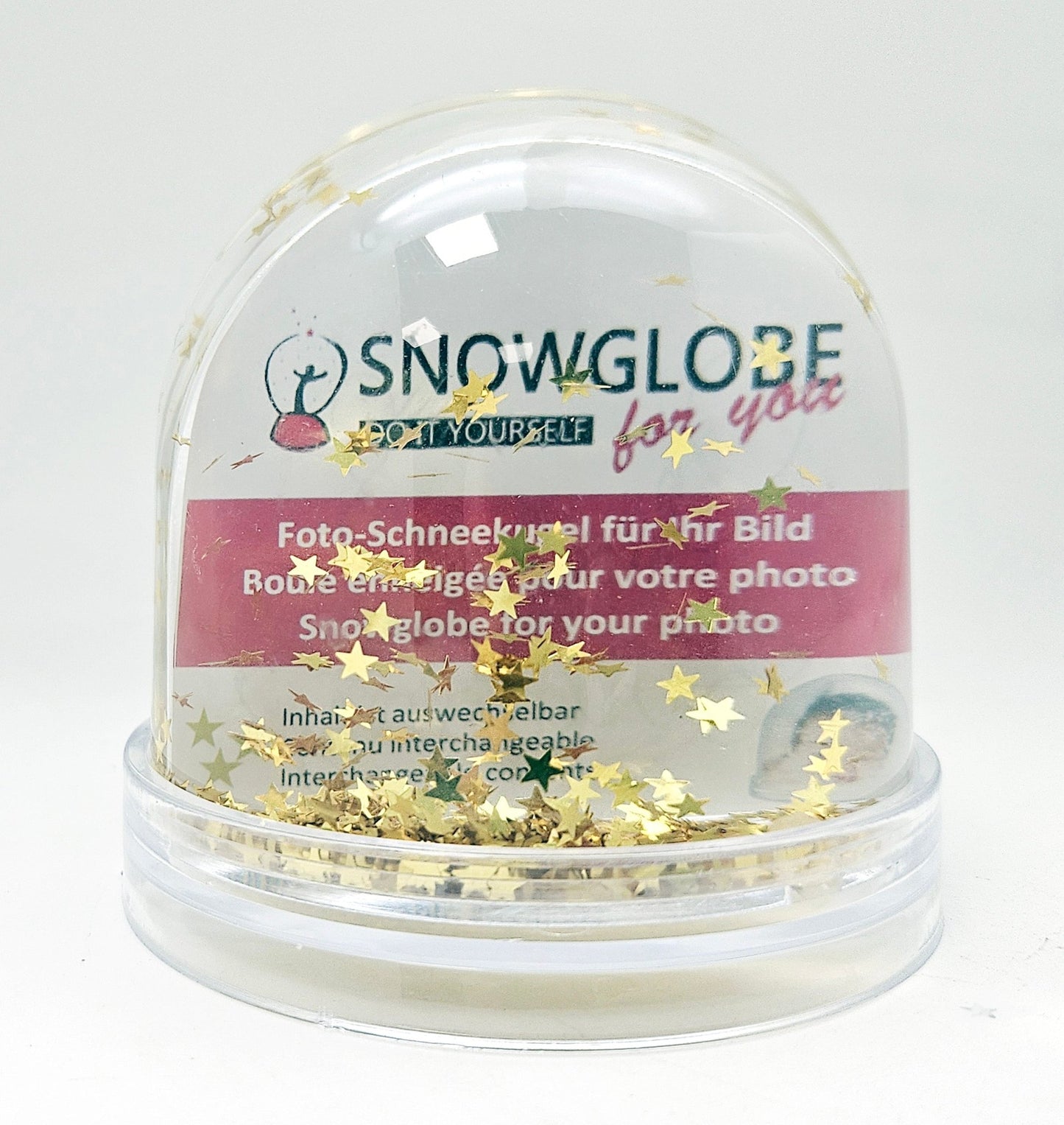 Foto-Schneekugel groß mit transparentem Sockel - goldene Sterne - Schneekugelhaus