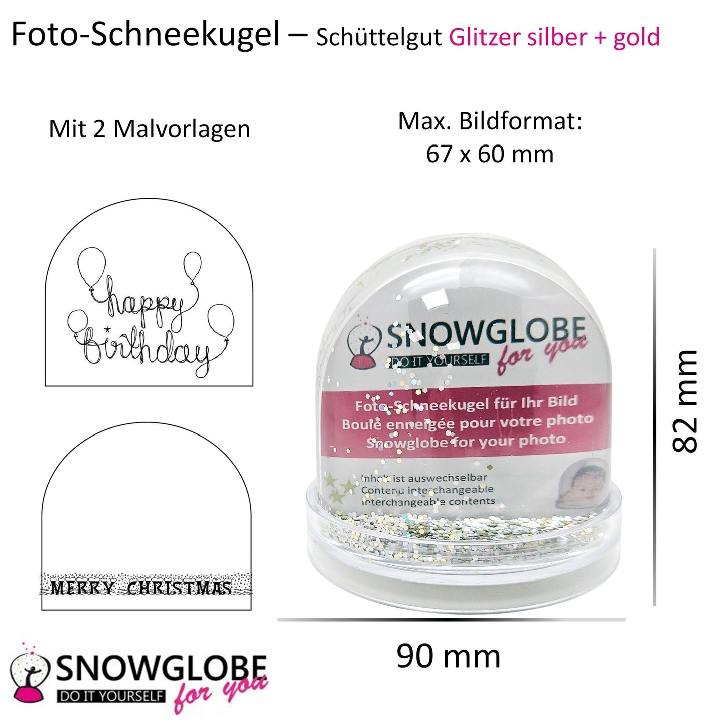 Foto-Schneekugel groß mit transparentem Sockel - silber gold Glitzer - Schneekugelhaus