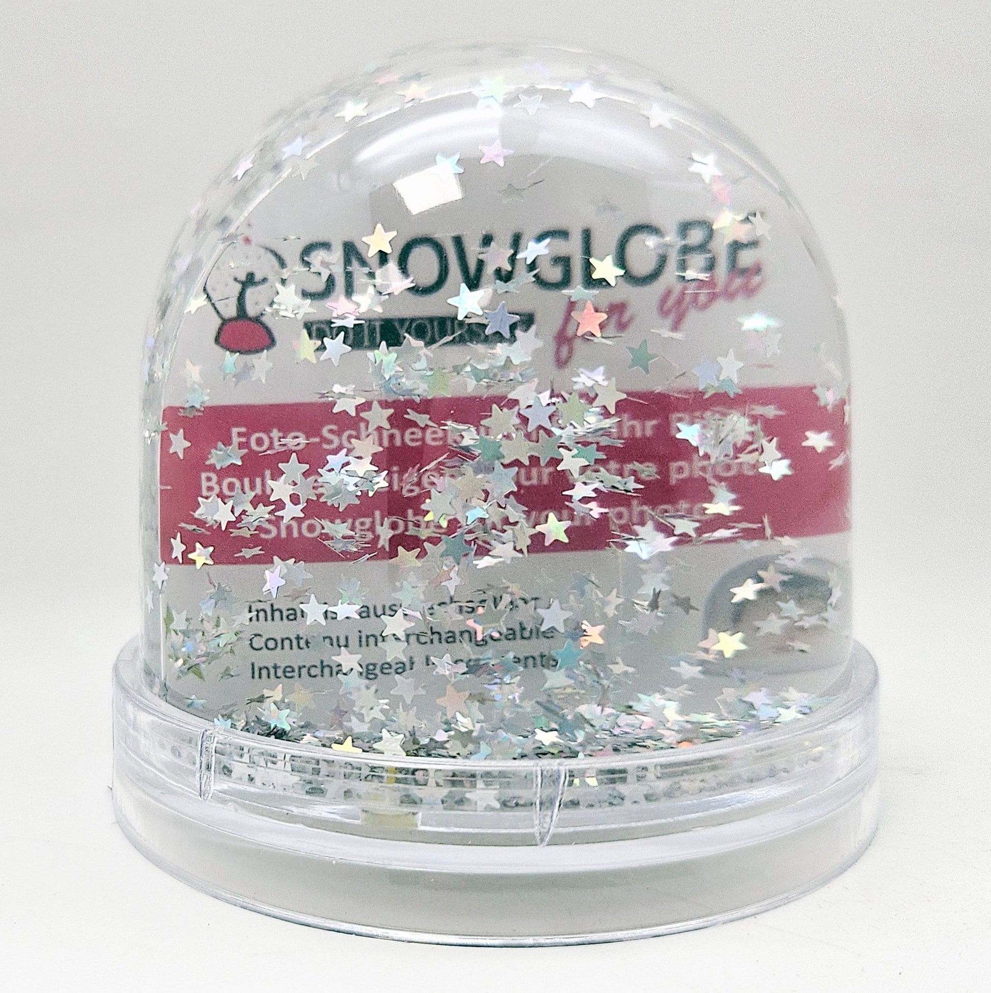 Foto-Schneekugel groß mit transparentem Sockel - silber Sterne - Schneekugelhaus