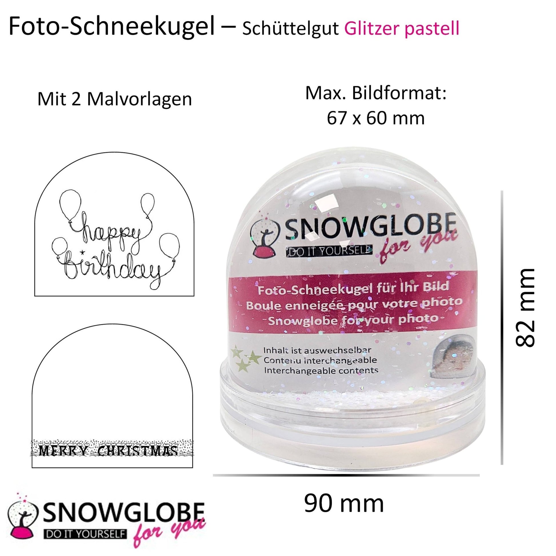 Foto-Schneekugel groß mit transparentem Sockel und Glitzer - Einzelverpackung - Schneekugelhaus