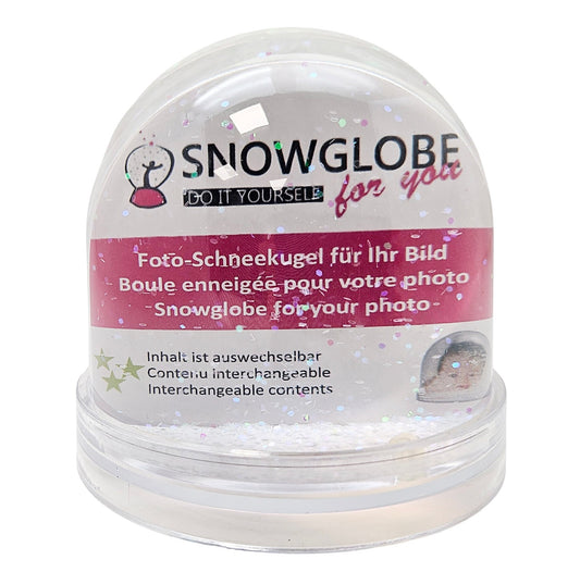 Foto-Schneekugel groß mit transparentem Sockel und Glitzer - Einzelverpackung - Schneekugelhaus