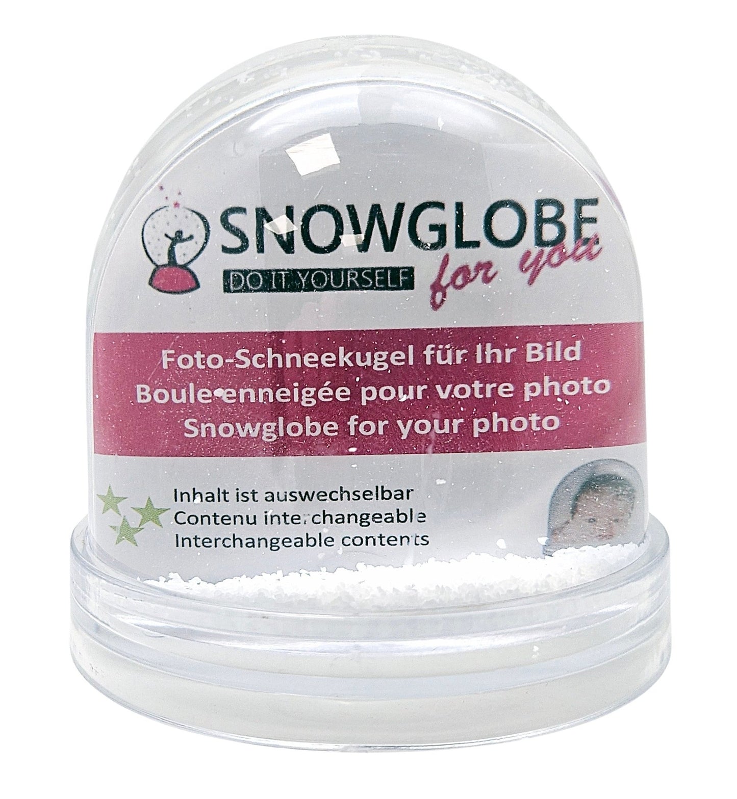 Foto-Schneekugel groß mit transparentem Sockel und Schnee – Einzelverpackung - Schneekugelhaus