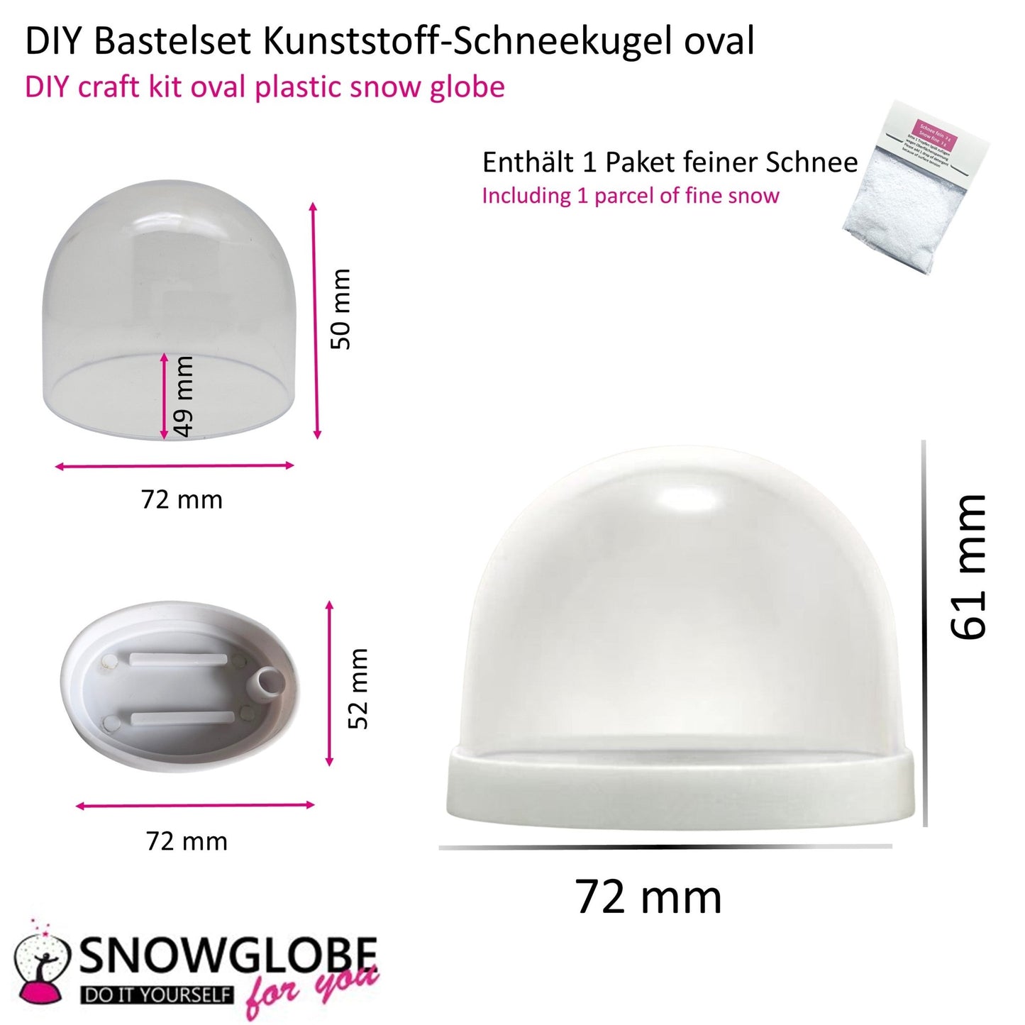 Kunststoff - Schneekugel oval weiß für FIMO 72 x 61 mm - incl. 1 x Schnee - Schneekugelhaus