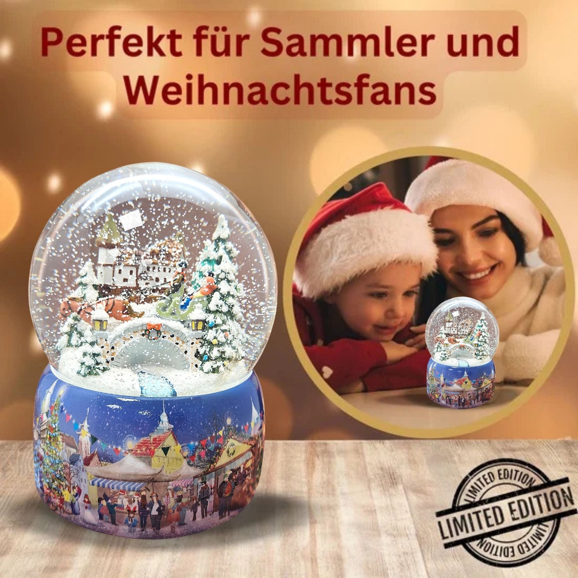 Mega Schneekugel Historische Kutschfahrt zum Weihnachtsmarkt - Musikspieluhr Winter Wonderland - Schneekugelhaus